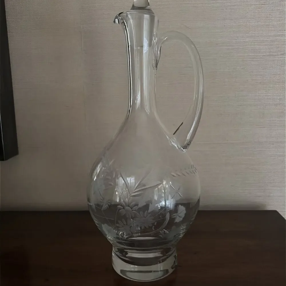 Vintage Art Glass Wine Floral Etched Decanter